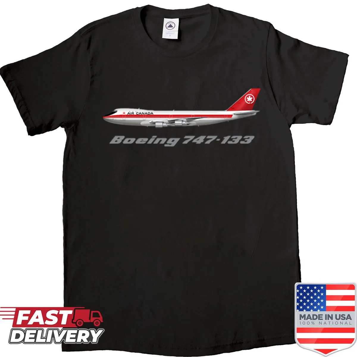 Detailed graphic of the Air Canada 747-100 airplane on a shirt