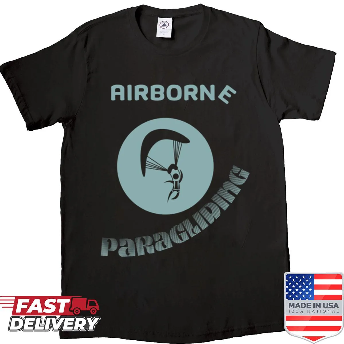 Shirt with bold 'Airborne' text representing paragliding