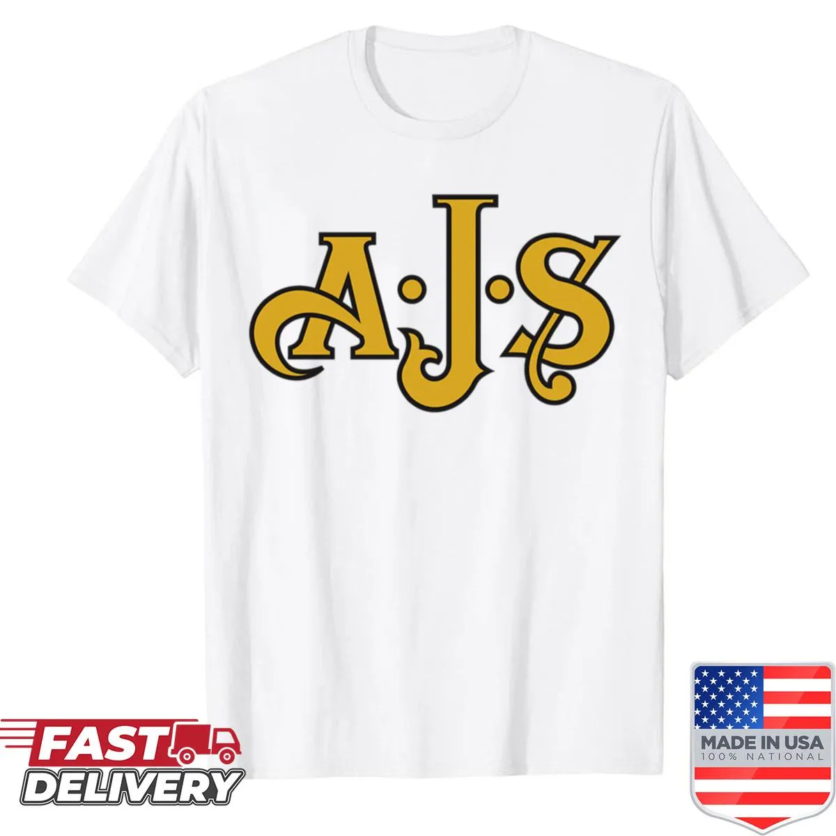 AJS motorcycle logo T-shirt featuring a bold graphic design