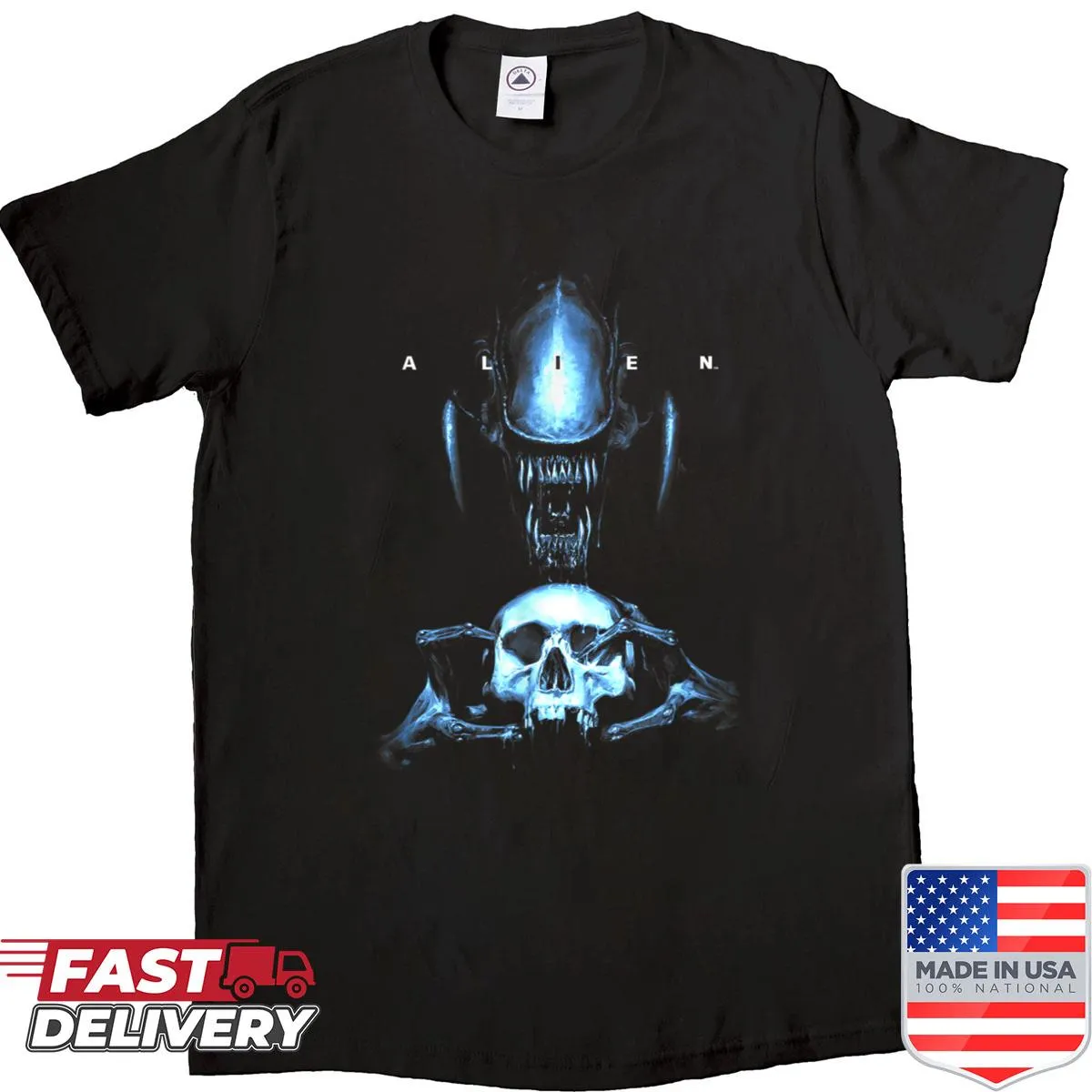 Distressed shirt featuring an alien xenomorph skull design