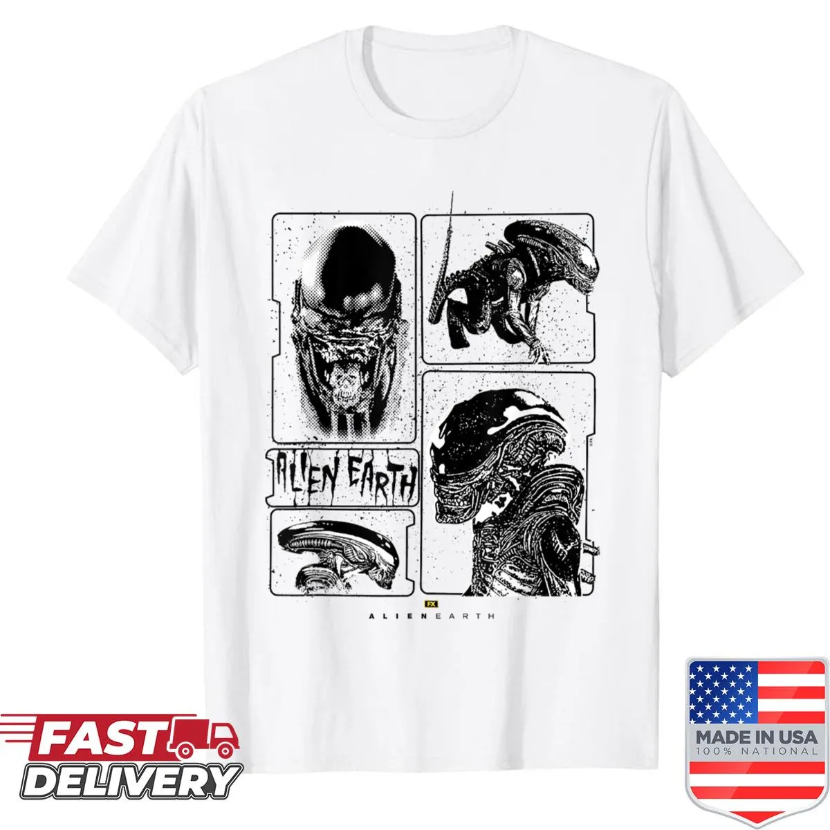 Distressed style T-shirt featuring Xenomorph design from Alien franchise