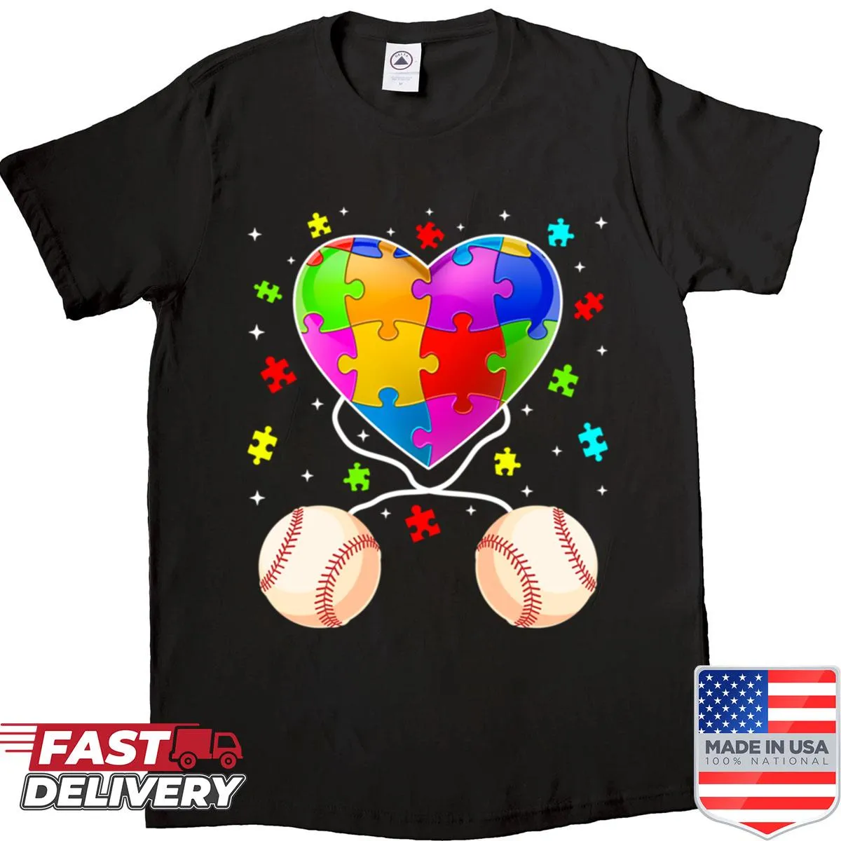 Baseball heart graphic shirt promoting autism awareness