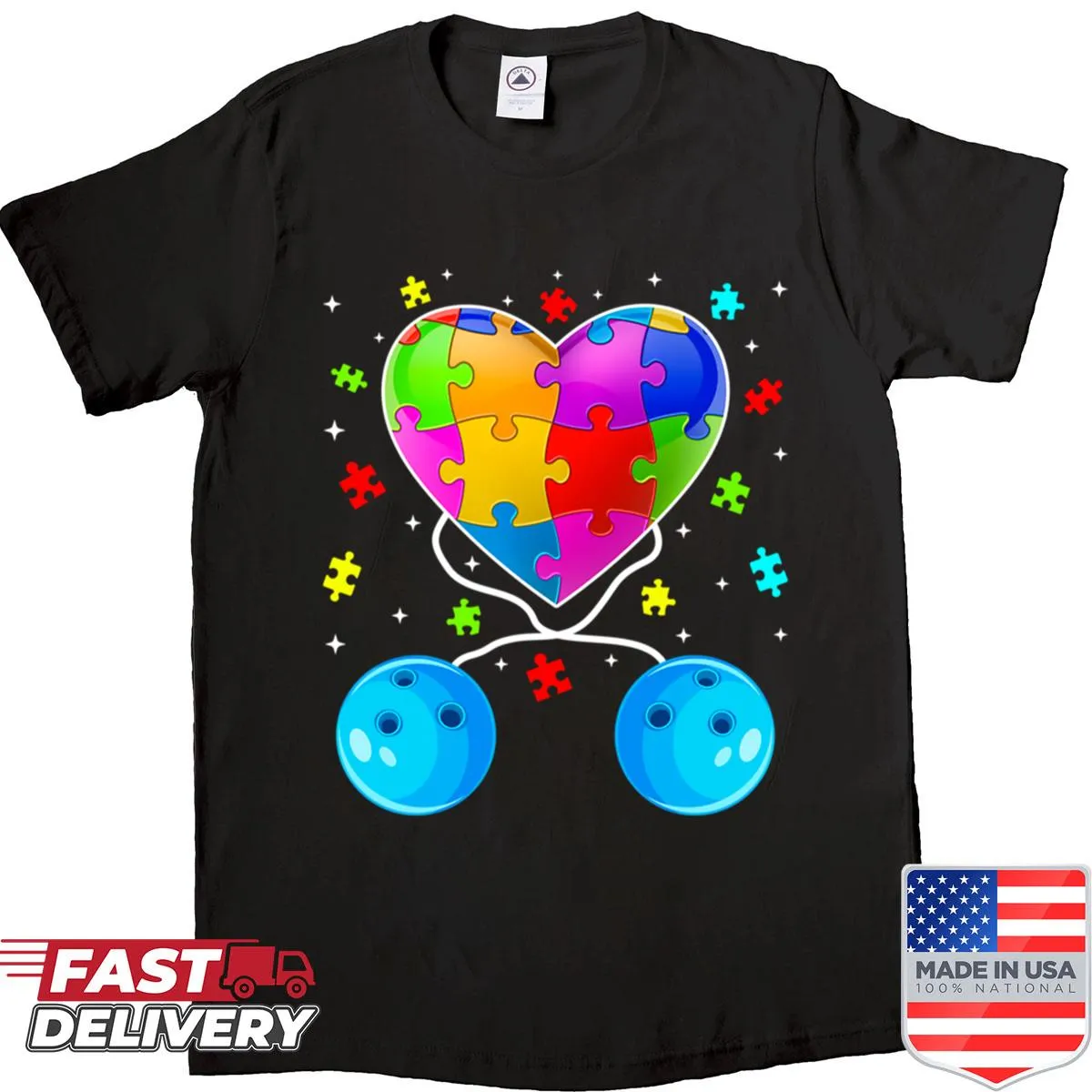 Bowling ball and heart graphic promoting autism awareness