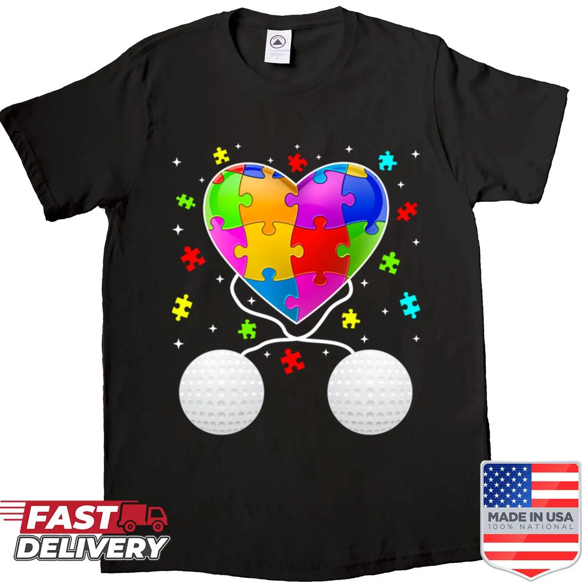 Golf heart graphic promoting autism awareness on sport lover shirt