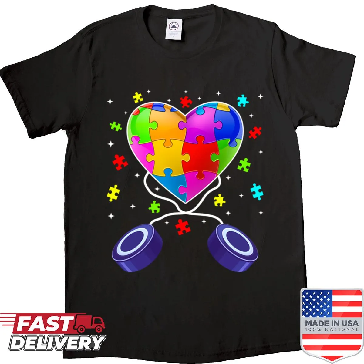 Hockey-themed shirt featuring a heart for autism awareness