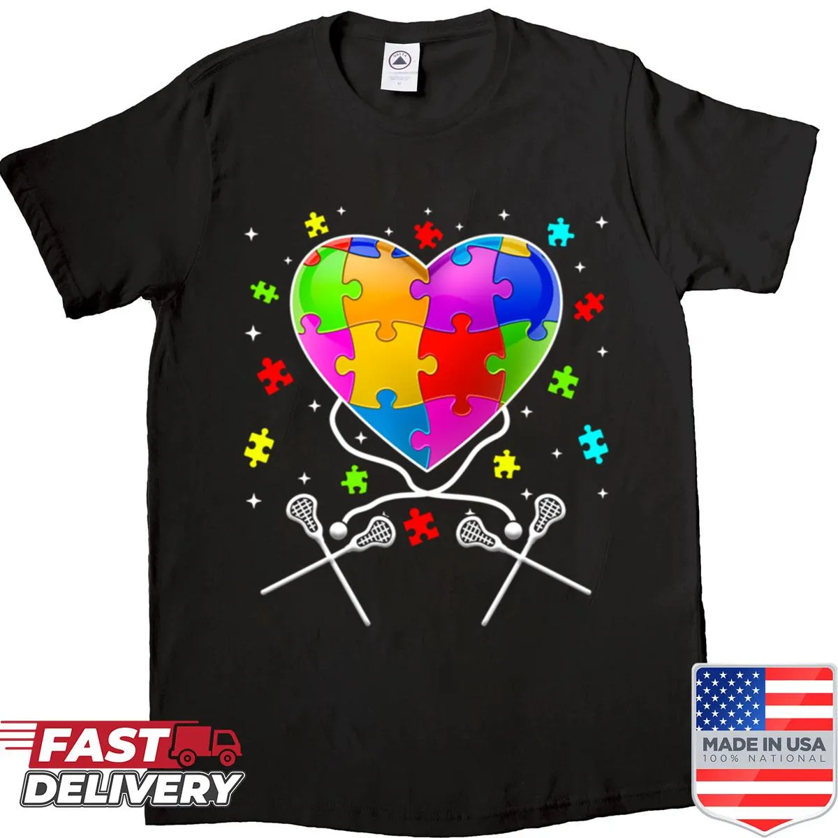 Heart graphic featuring lacrosse elements promoting autism awareness.
