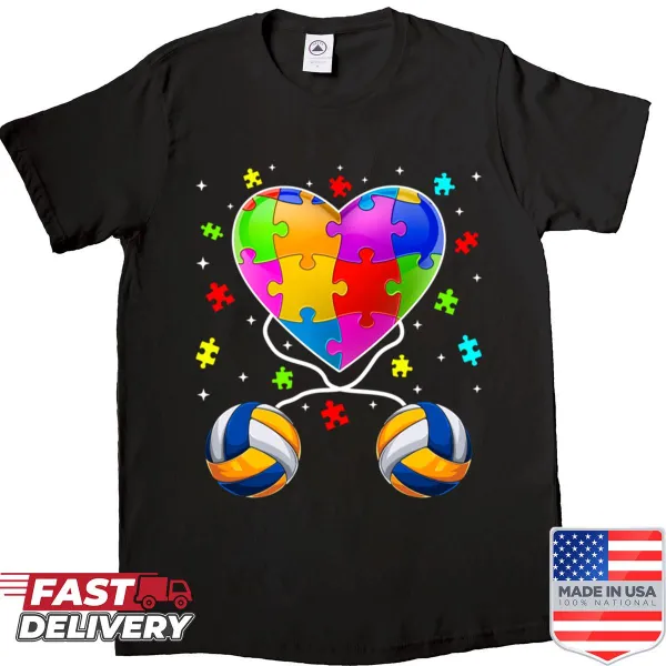Heart-shaped volleyball design shirt promoting autism awareness.