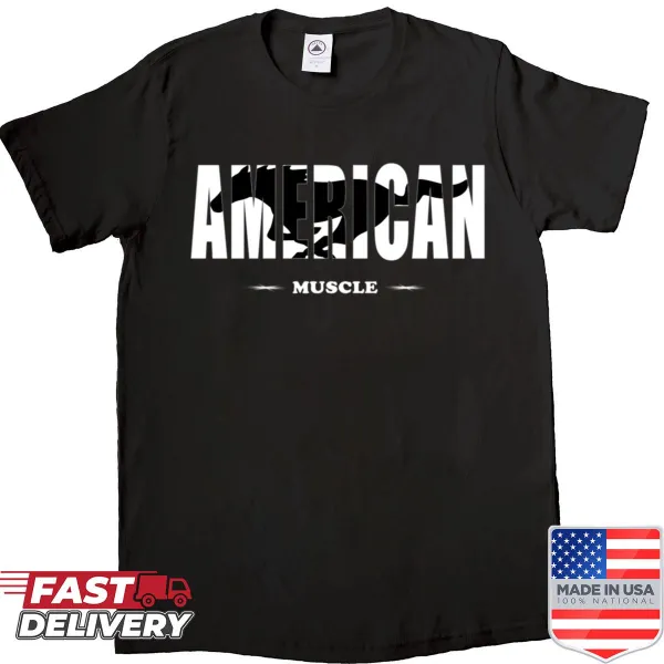 Shirt featuring bold 'American Muscle' text, ideal for car enthusiasts.