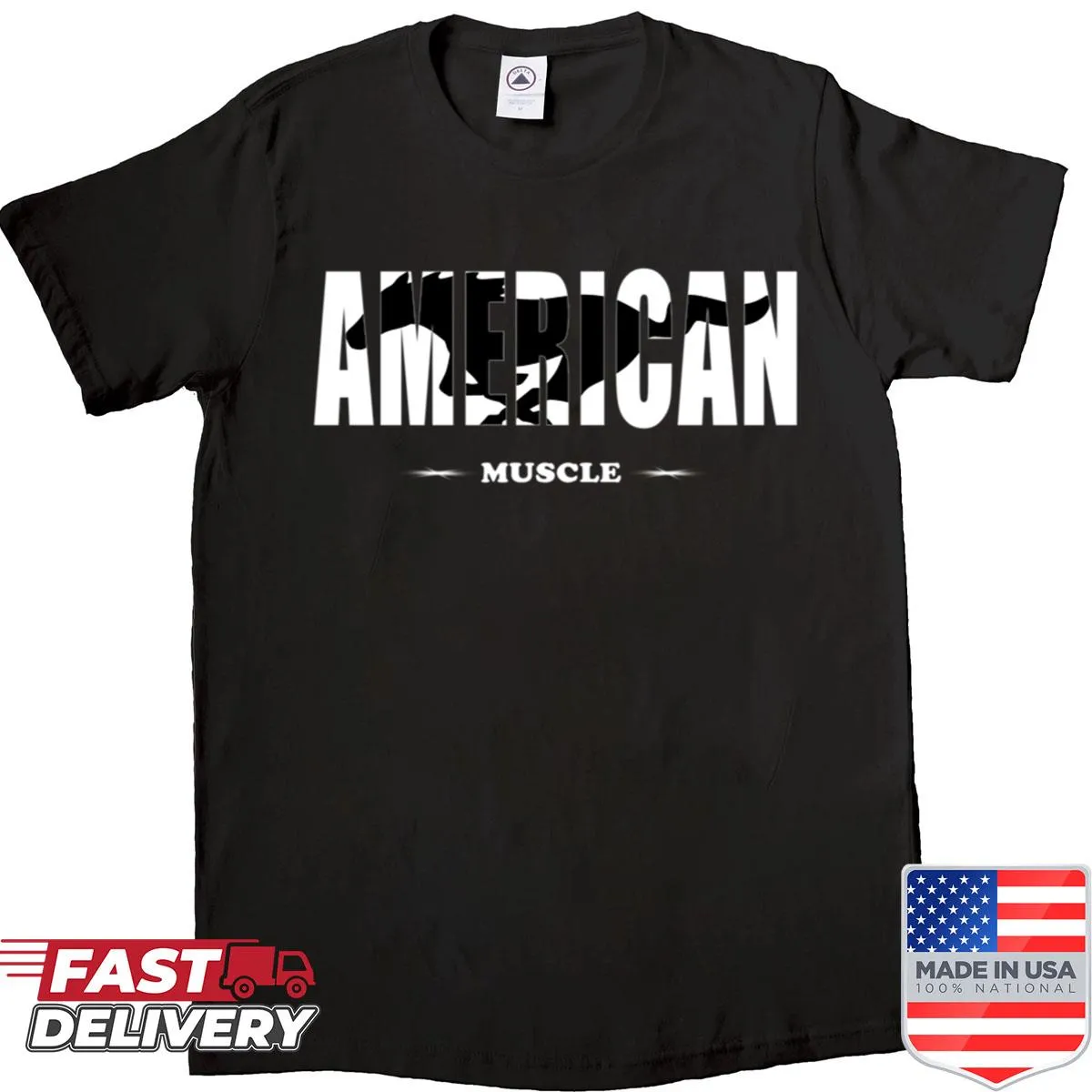 Shirt featuring bold 'American Muscle' text, ideal for car enthusiasts.
