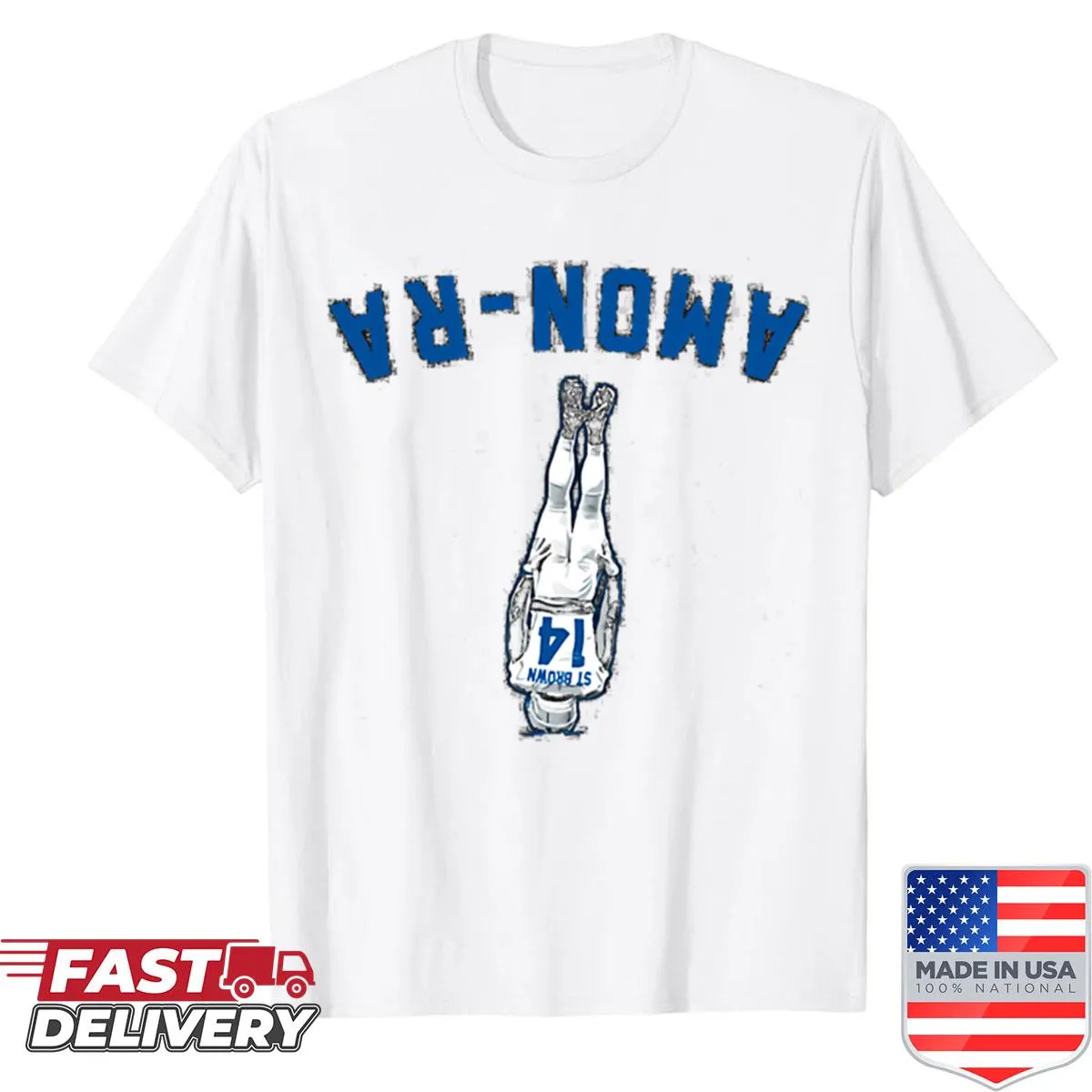Dynamic shirt featuring Amon-Ra St. Brown in a headstand graphic