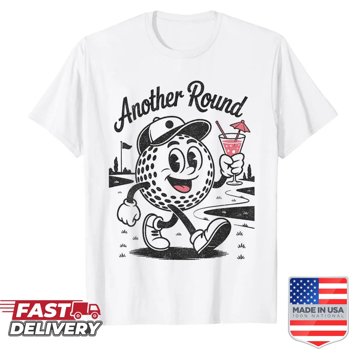 Funny retro shirt with 'Another Round' phrase for golf lovers.
