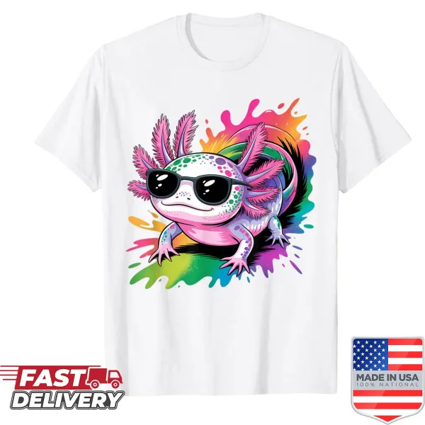 Shirt featuring a cool axolotl wearing sunglasses in a playful graphic