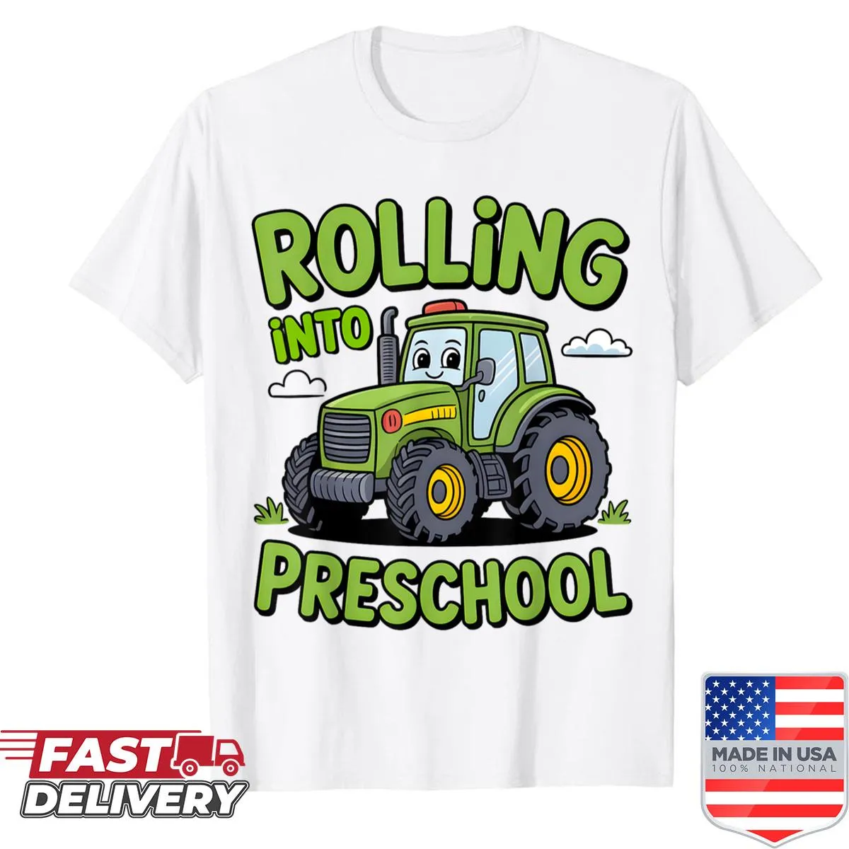 Kid's shirt with an illustration of a farm tractor, perfect for preschoolers