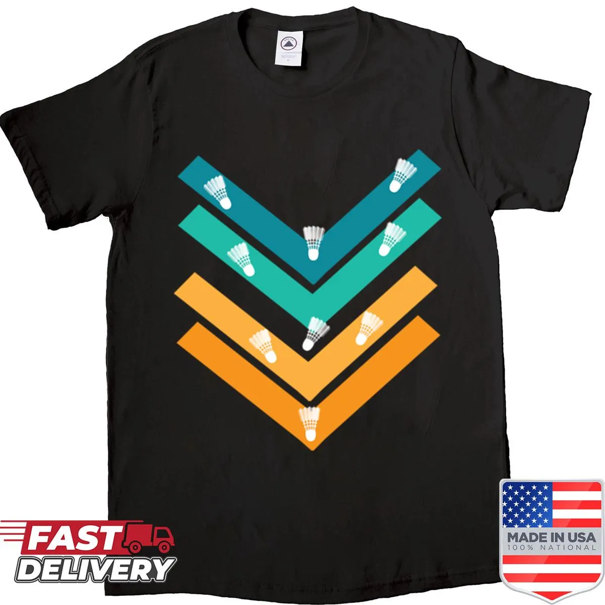Sport-themed shirt featuring badminton rackets and shuttlecock