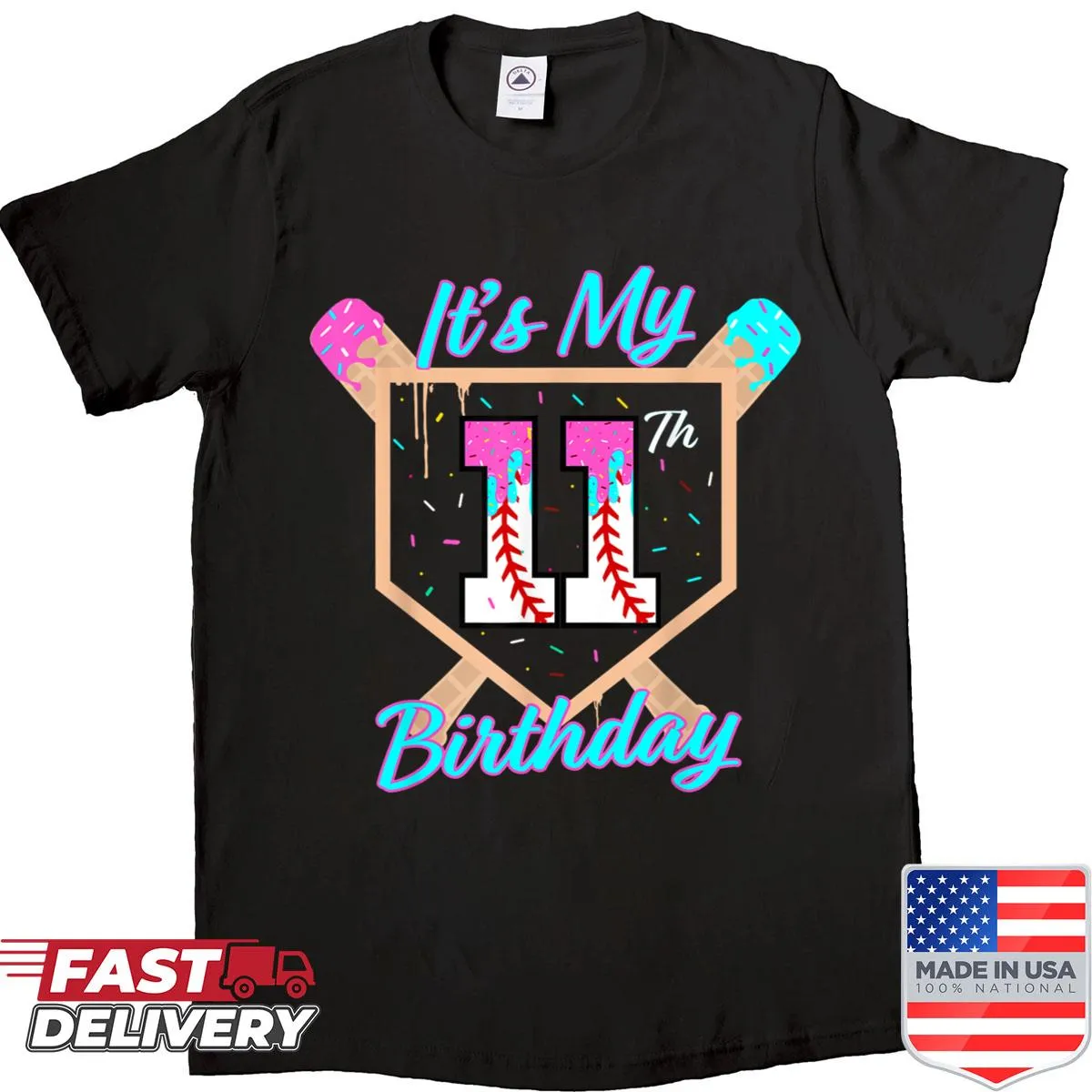Birthday shirt for 11 year old with baseball and ice cream design