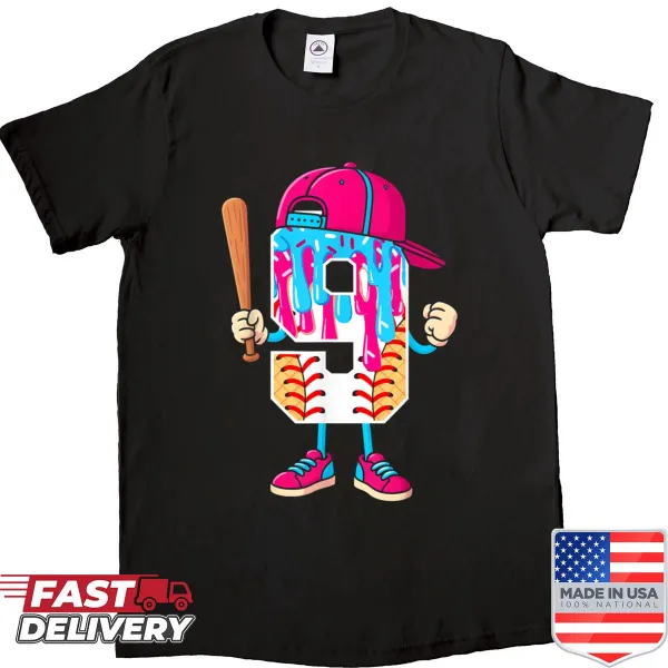 Kids birthday shirt with baseball number 9 and ice cream drip design