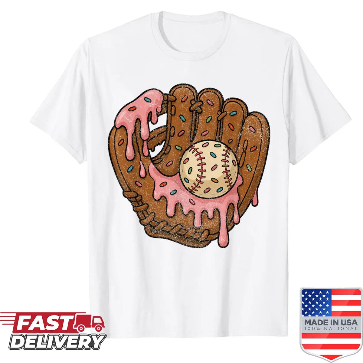 Cartoon shirt featuring baseball glove with ice cream drip design