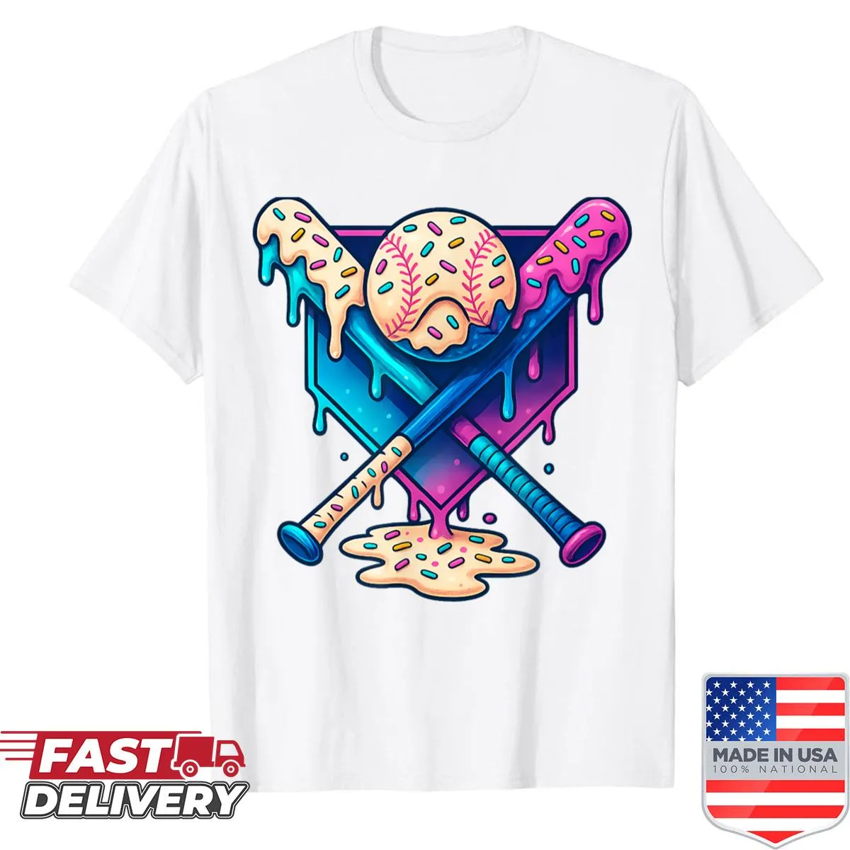Playful baseball and ice cream illustration on a youth T-shirt