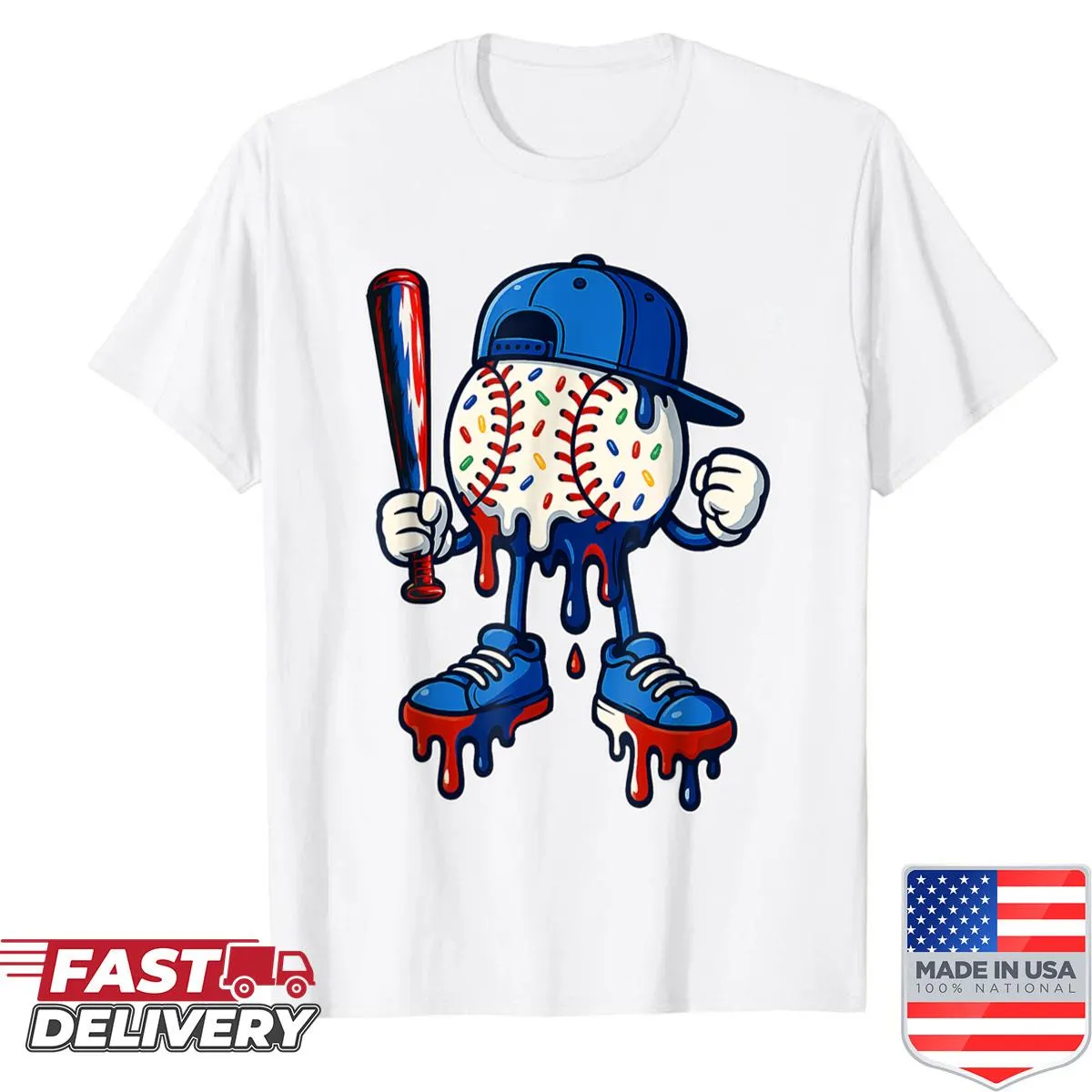 Youth baseball-themed shirt with ice cream illustration.