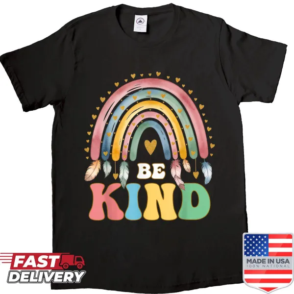 Inspirational shirt with 'Be Kind' rainbow quote in vibrant typography