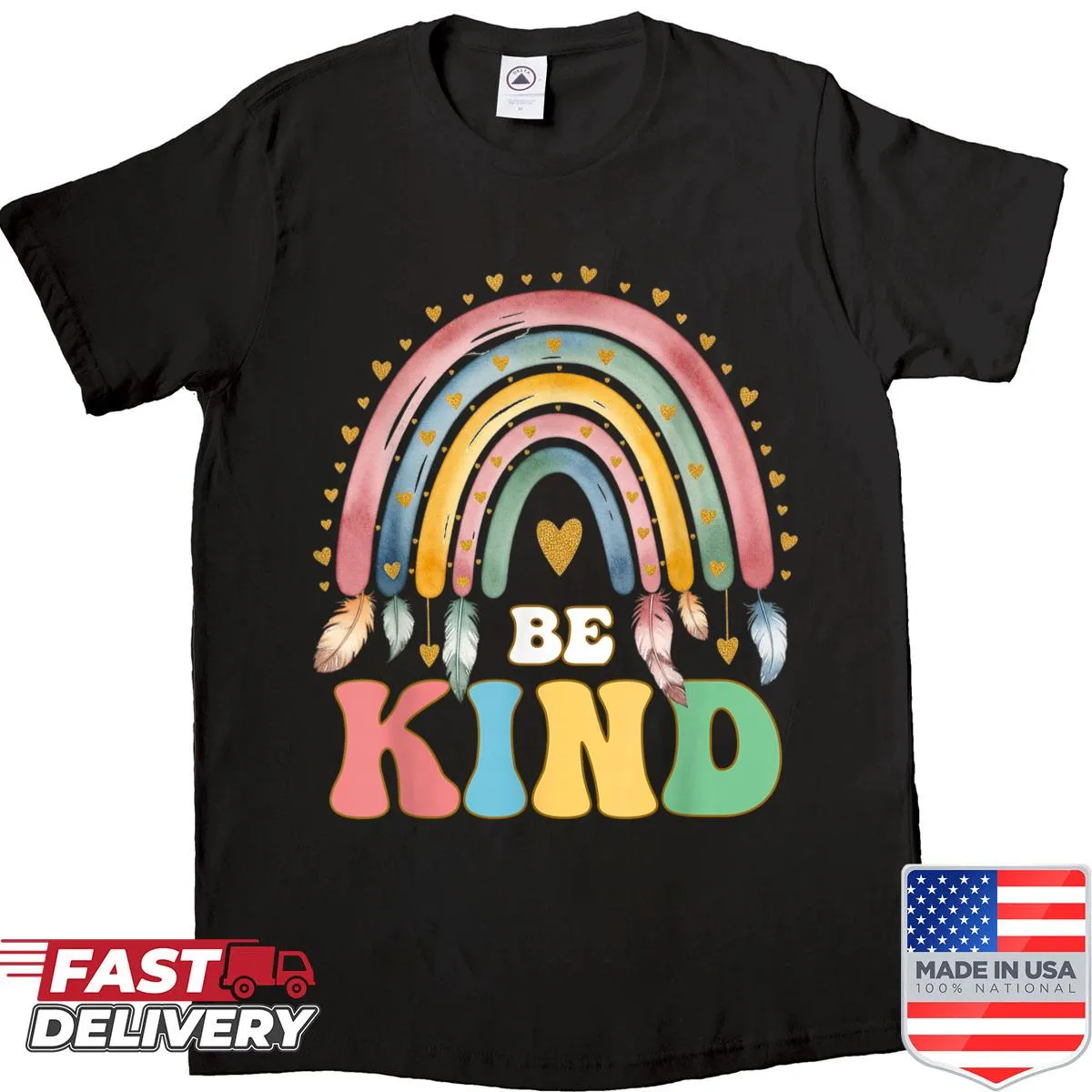 Inspirational shirt with 'Be Kind' rainbow quote in vibrant typography