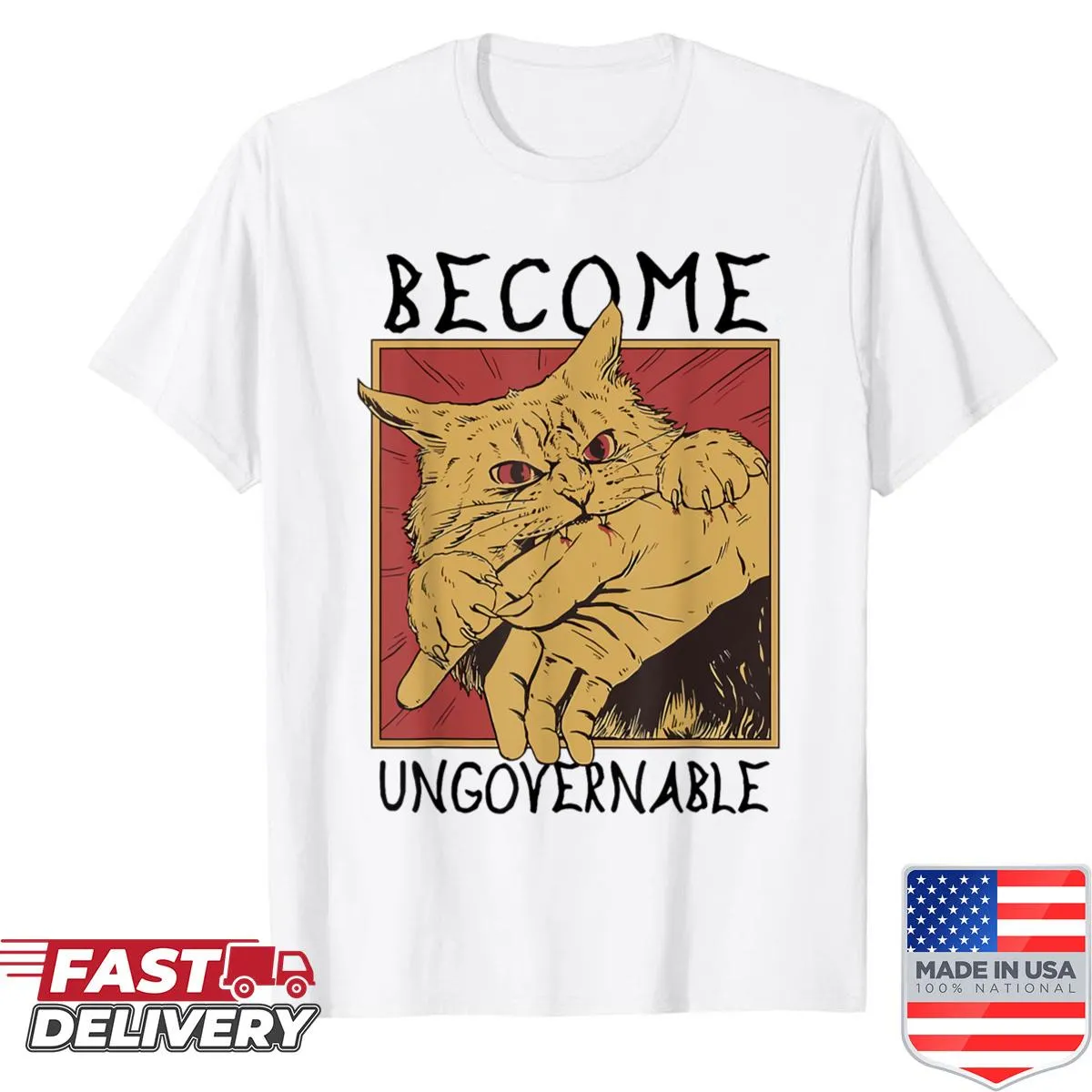 Funny cat meme shirt featuring a cat biting a hand graphic.