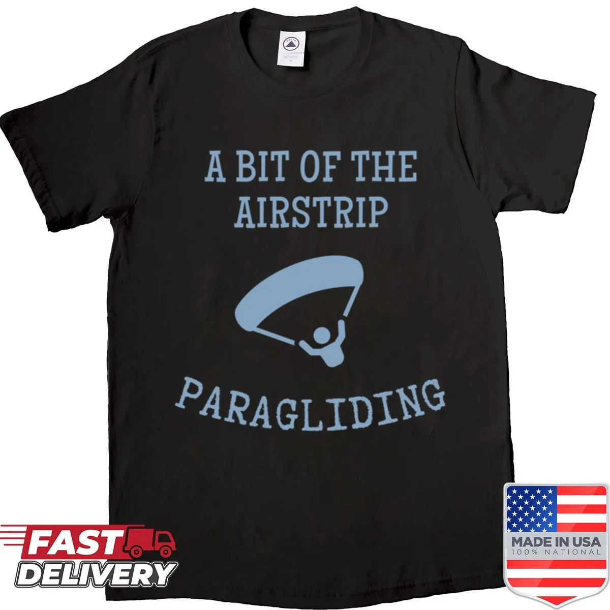 Graphic of a paraglider soaring above an airstrip on a t-shirt