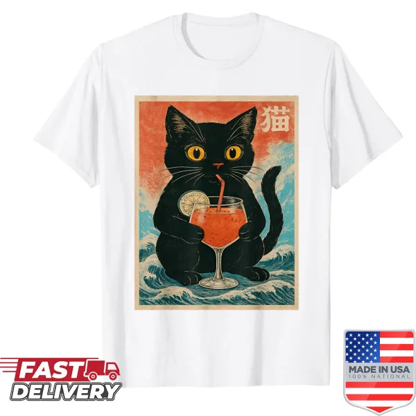 Funny graphic of a black cat enjoying a cocktail on a T-shirt