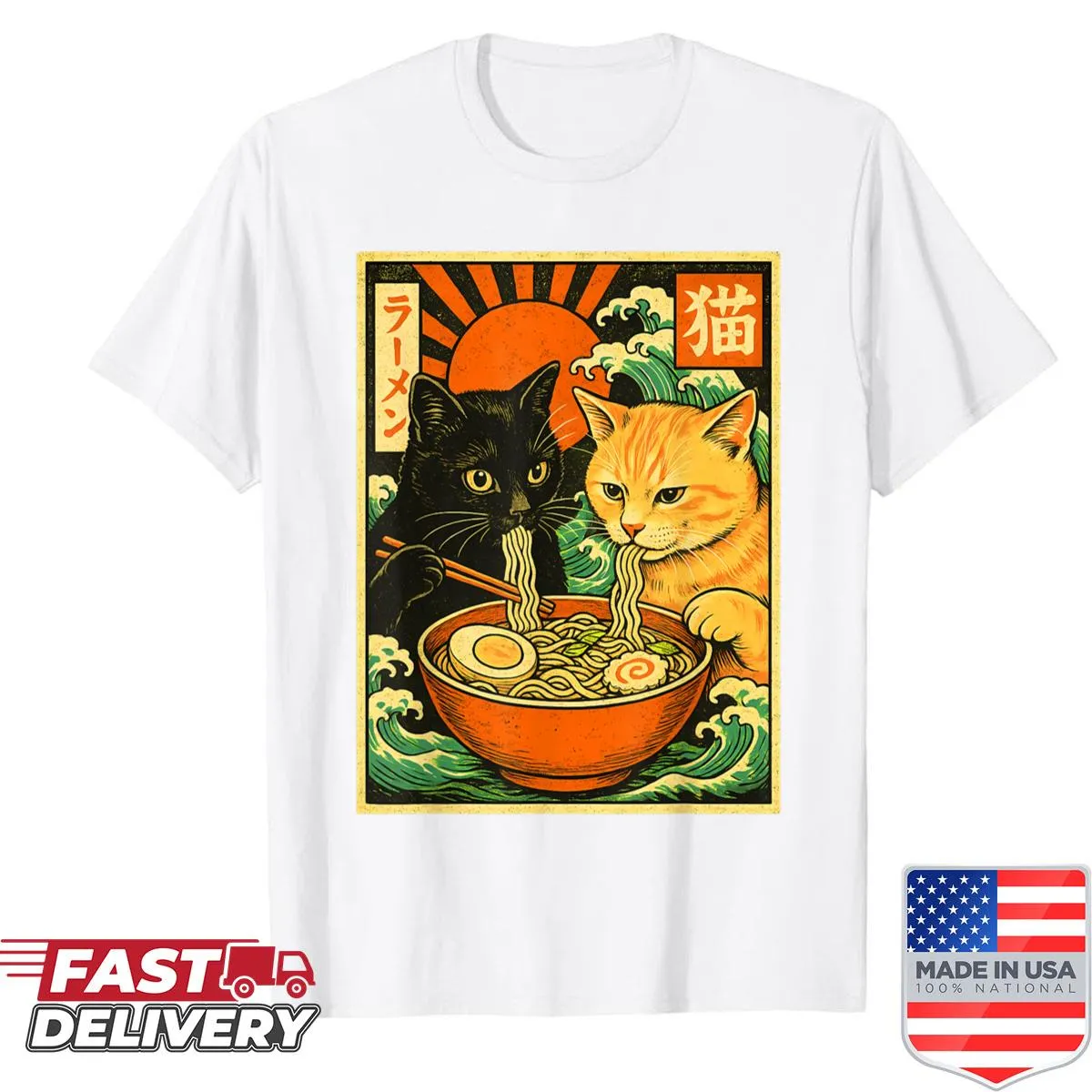 Cartoon black and orange cats slurping ramen on T-shirt