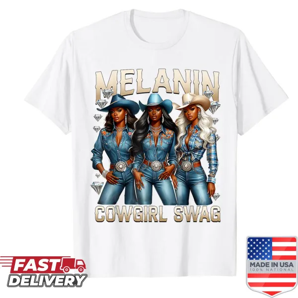 Illustrated black cowgirl swag graphic on a t-shirt