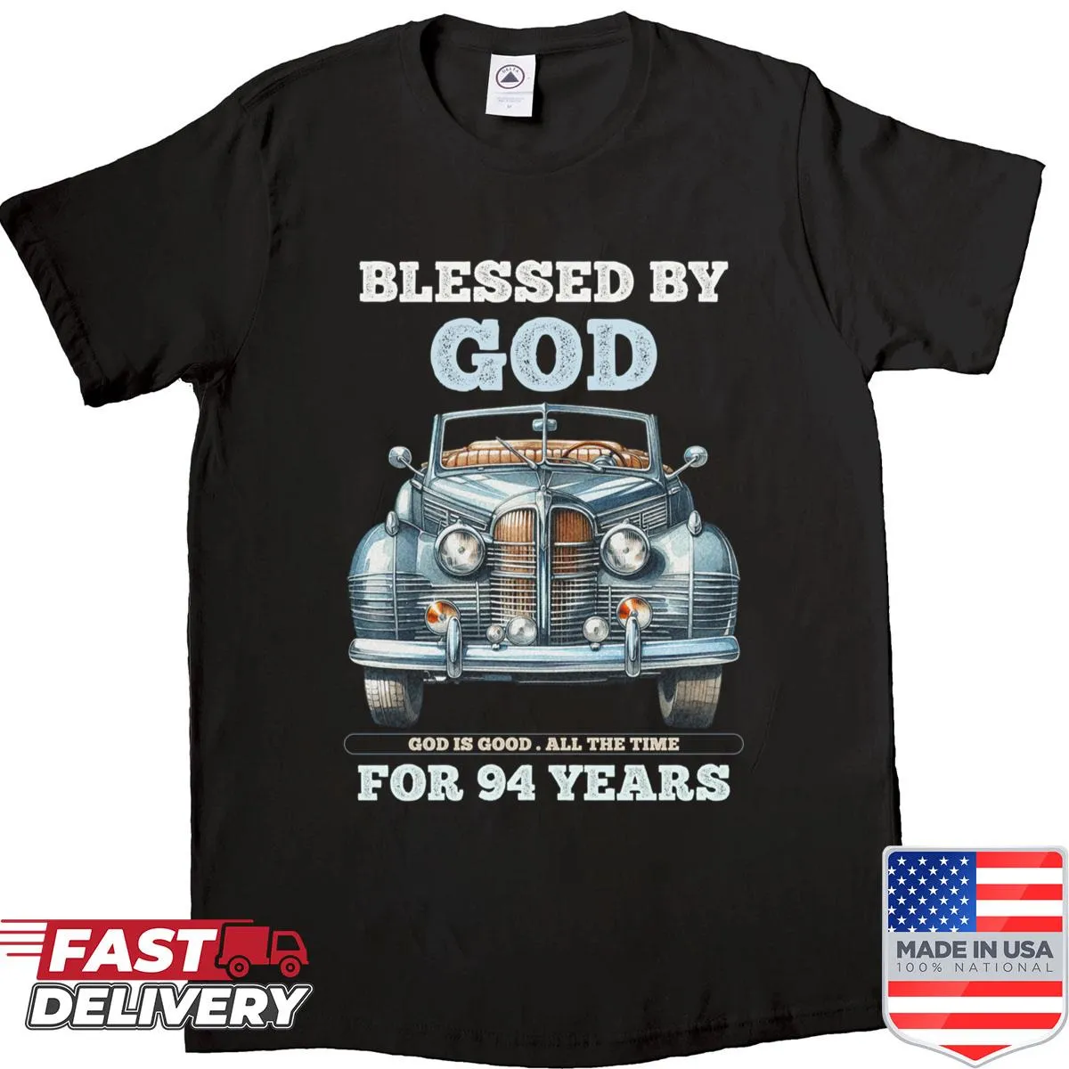 Vintage-style 94th birthday shirt with a car graphic and humorous text