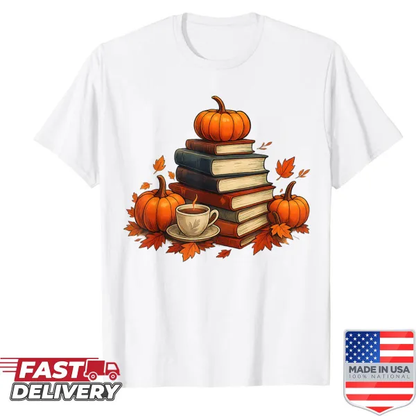 Vintage-style autumn-themed shirt with books, coffee, and pumpkins