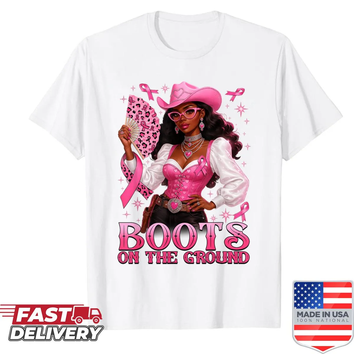 Pink cowgirl boot shirt supporting breast cancer awareness