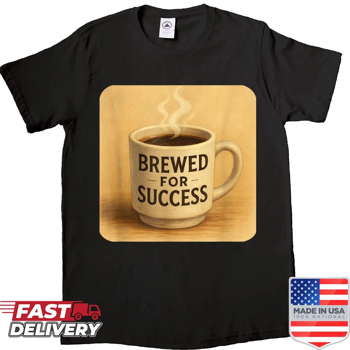 Vintage distressed T-shirt with a coffee cup and 'Brewed For Success' text