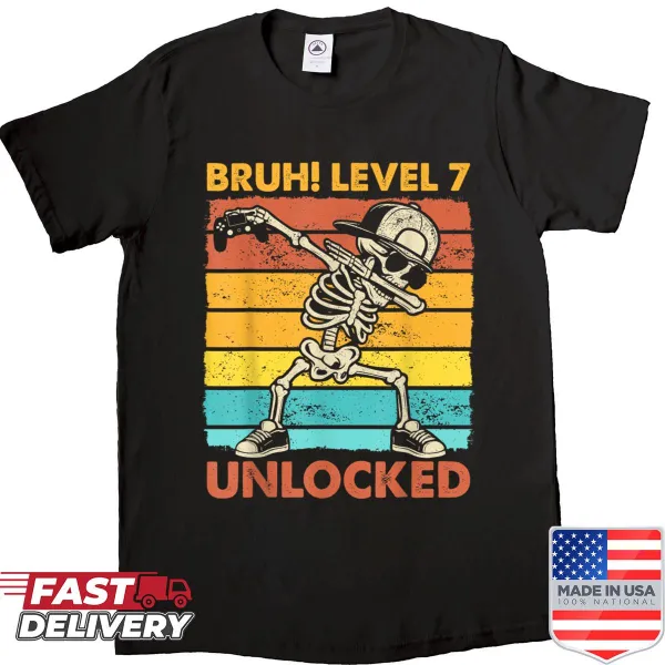Skeleton gamer shirt with 'Level 7 Unlocked' text for kids