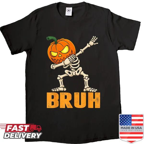 Cartoon skeleton dabbing next to a pumpkin on a Halloween shirt