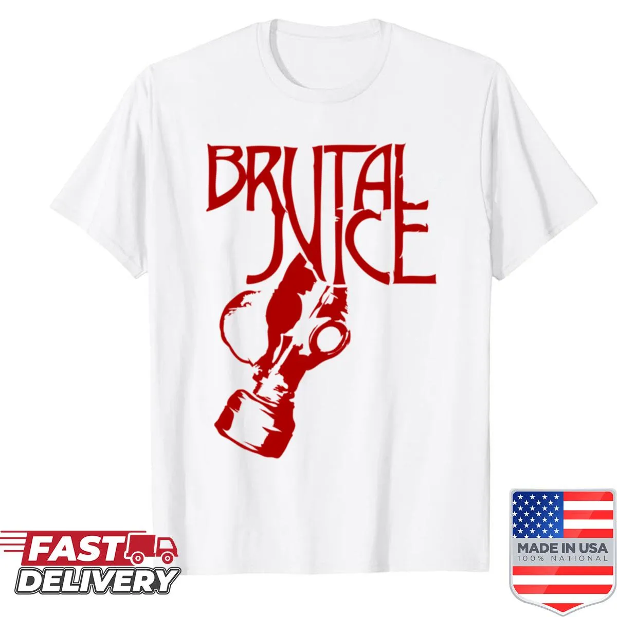 Gasmask logo graphic on a red T-shirt