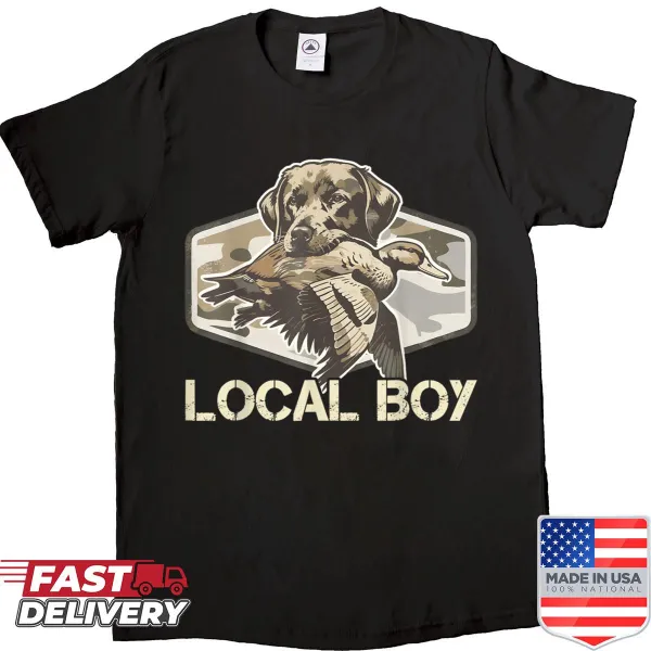 Camo duck hunting shirt featuring a Black Lab design.