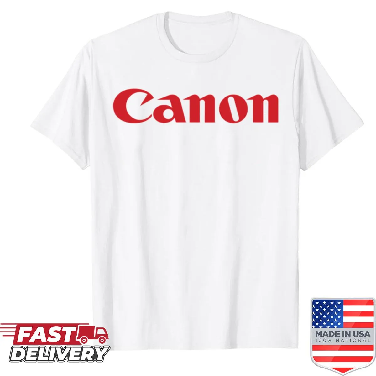 Canon logo graphic on a professional photographer's shirt