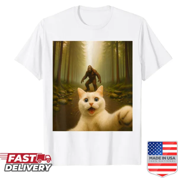 Funny T-shirt featuring a cat taking a selfie with Bigfoot