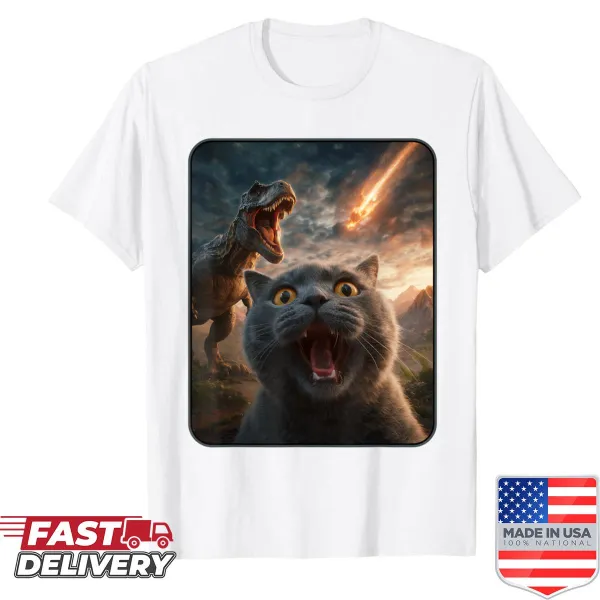 Funny cat T-rex selfie cartoon graphic tee
