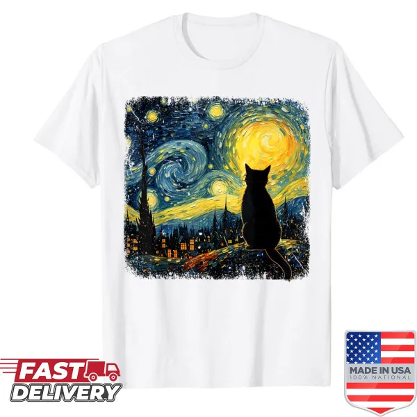 Artistic shirt blending Van Gogh's Starry Night with a cat design