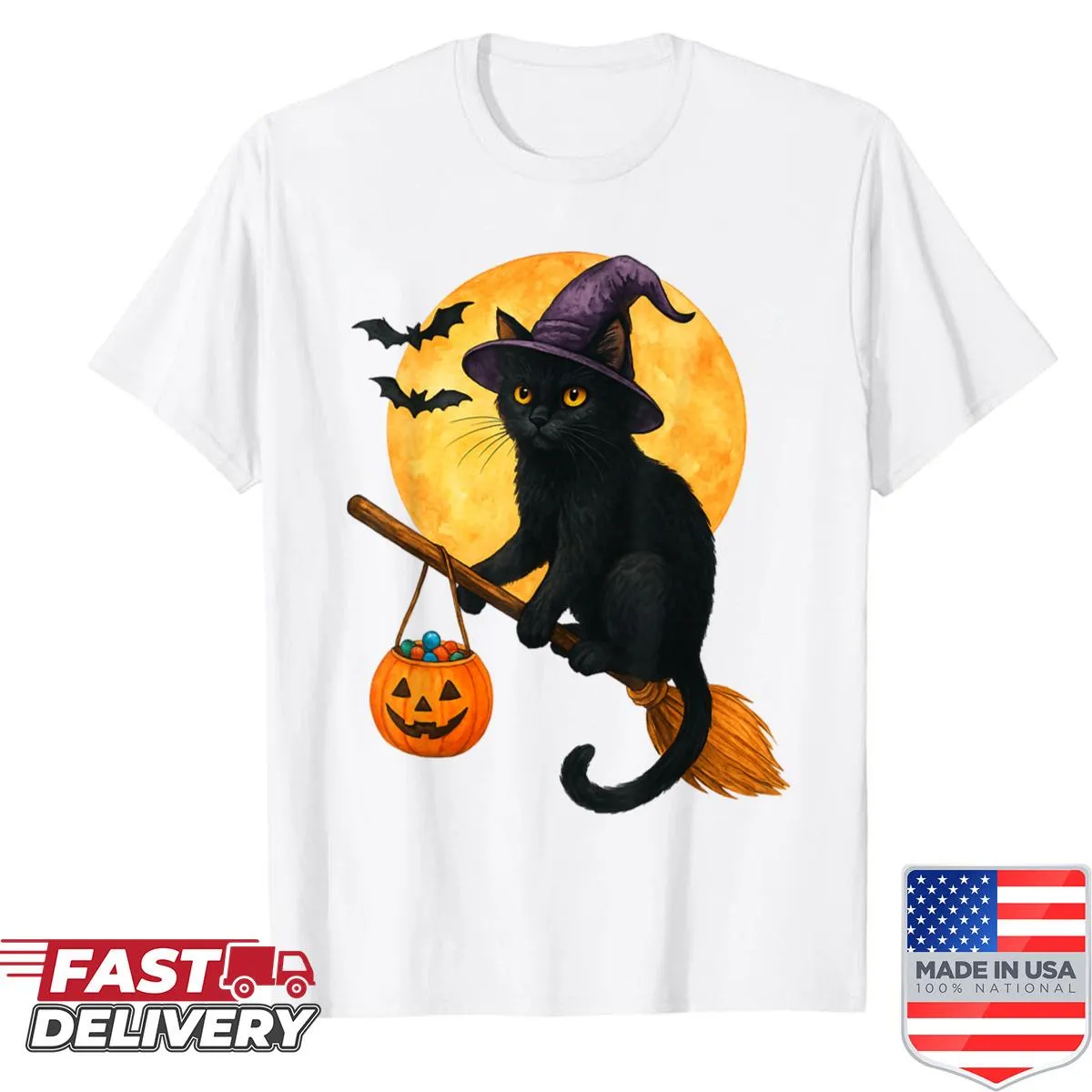 Cute Halloween cat with witch hat and pumpkin design