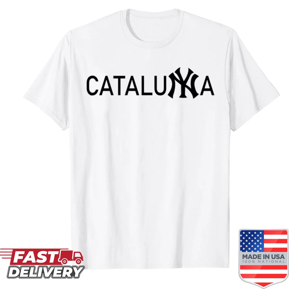 Artistic graphic t-shirt merging Catalonia and New York themes.