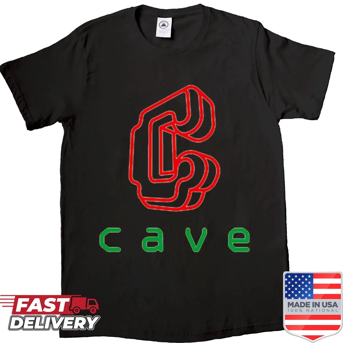 Cave logo graphic on a casual shirt for outdoor enthusiasts