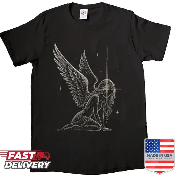 Gothic angel illustration shirt with dark fairy wings
