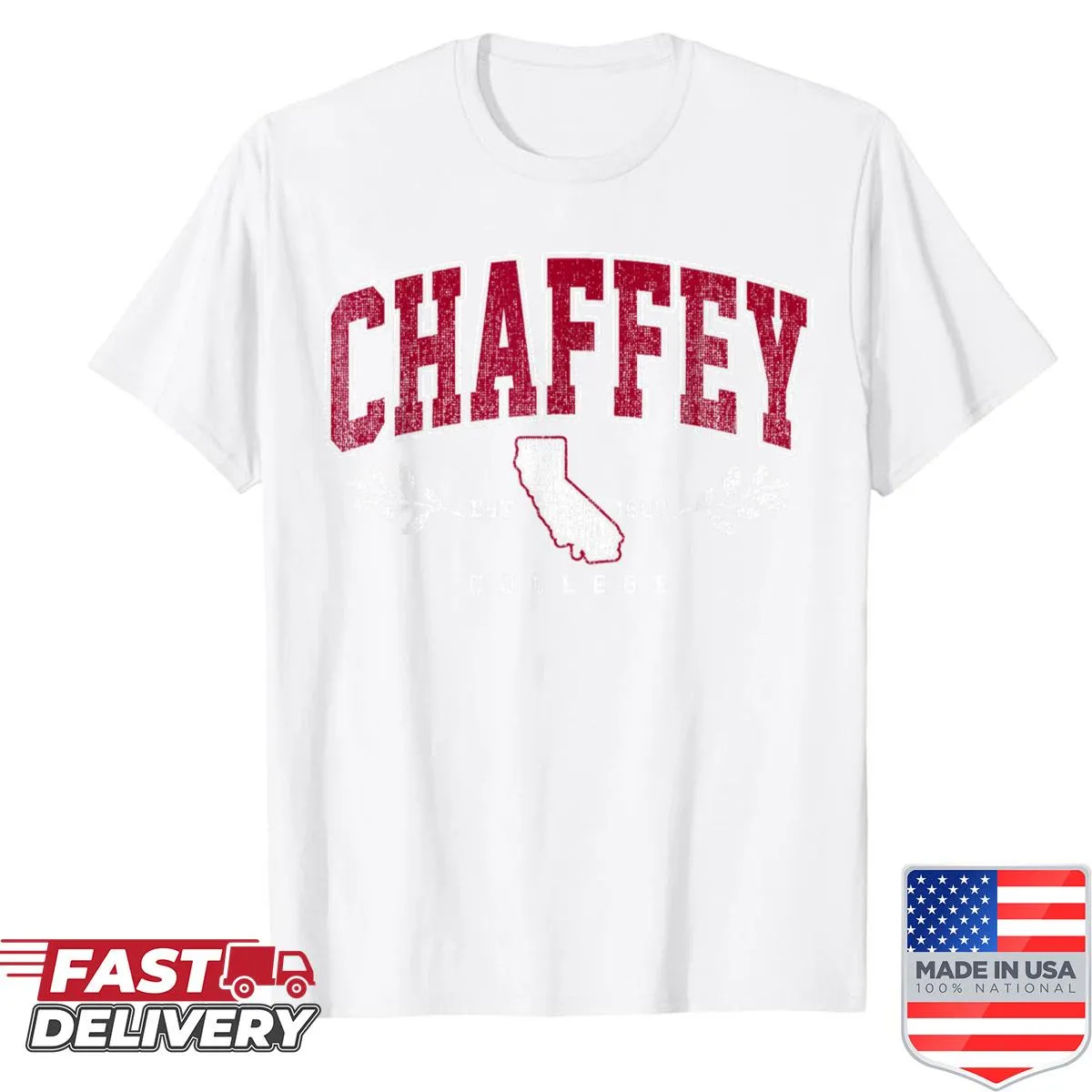 Vintage-style graphic of Chaffey of Technology arch on a t-shirt