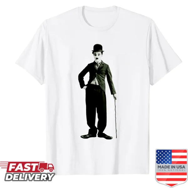 Illustration of Charlie Chaplin with bowler hat and cane on a shirt
