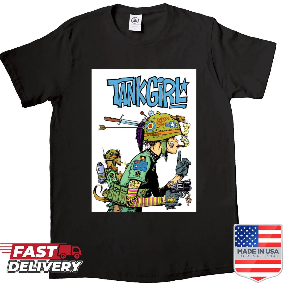 Playful Tank Girl graphic with 'Charlie Don't Surf' text