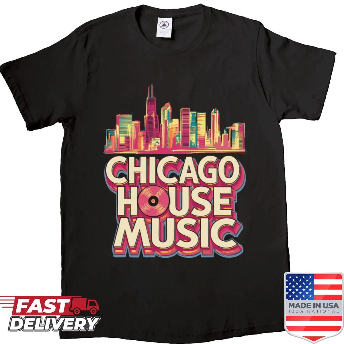 Design inspired by Chicago skyline and house music culture on T-shirt